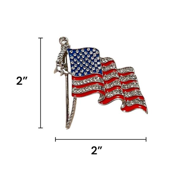 American Flag Rhinestone Silver Tone Brooch Pin - Picture 2 of 4